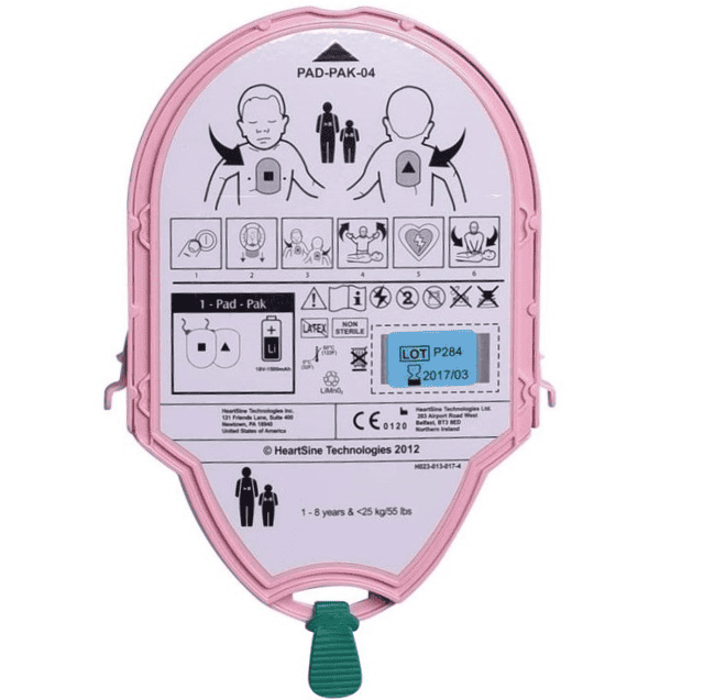 HeartSine Paediatric PAD-PAK-04 AED cartridge front view – Lawmann Medical Supplies Sarawak