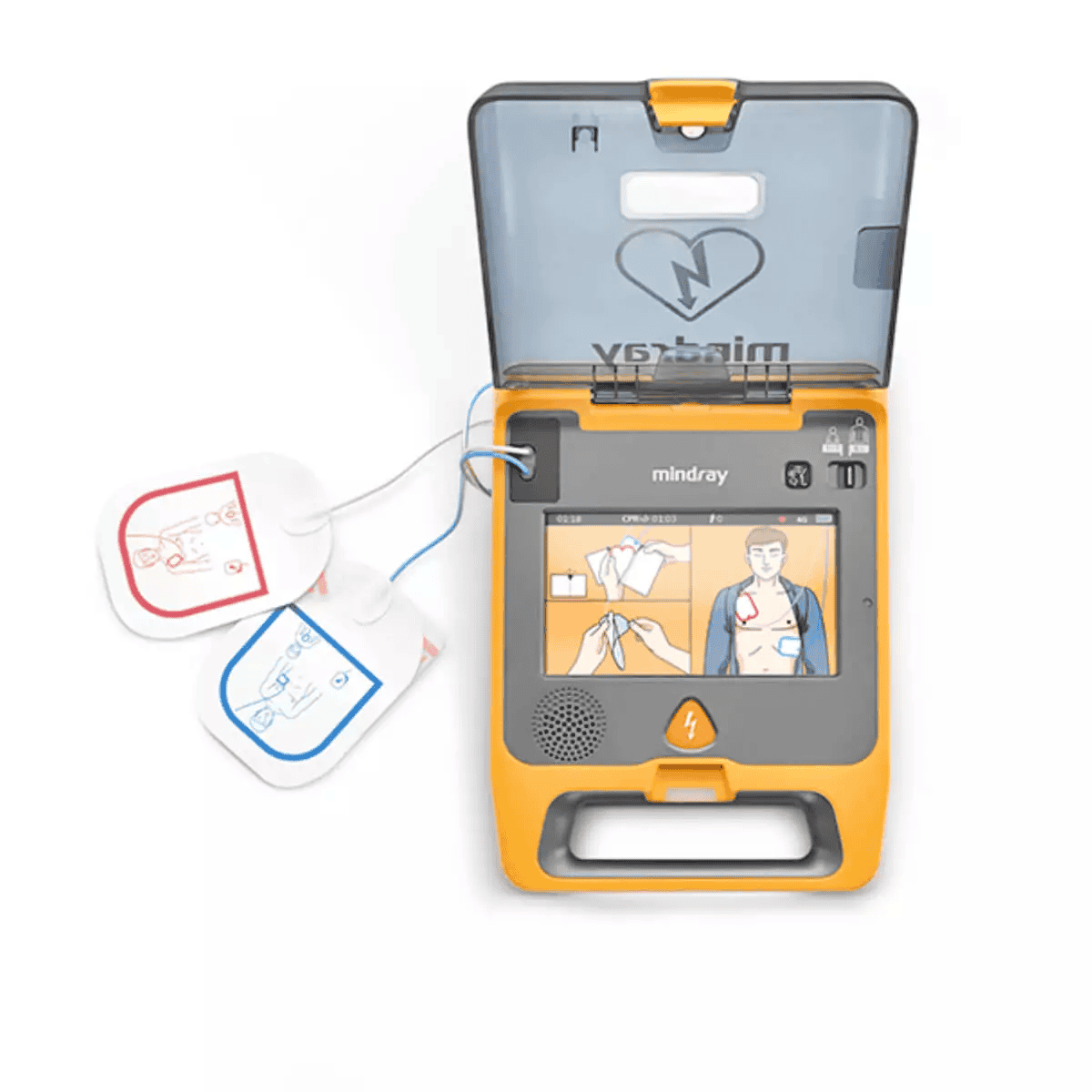 Mindray BeneHeart C2 AED open showing colour screen – Lawmann Medical Supplies Sarawak