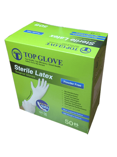 Top Glove Sterile Surgical Gloves box front view - Lawmann Medical Supplies Sarawak