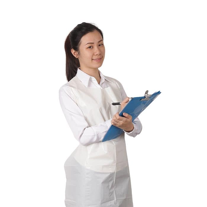 Unigloves Plastic Apron worn in use - Lawmann Medical Supplies Sarawak